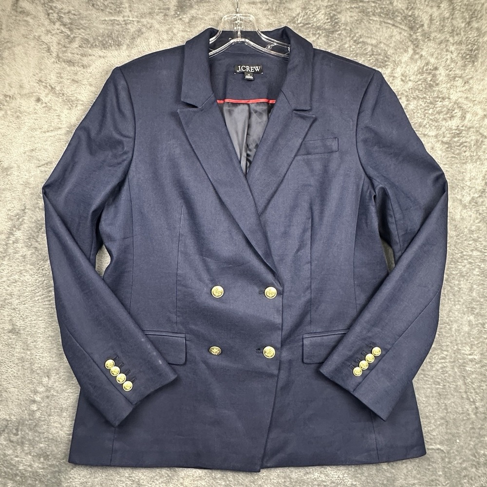 J. Crew Military Style Blazer Navy Women's Size 14 Linen Gold Crest Buttons